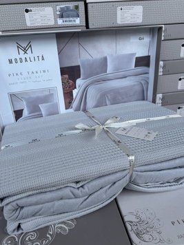 Постільна білизна бавовняна з вафельним покривалом піке Modalita світло-сіра Євро розмір Світло-сірий комплект pike фото