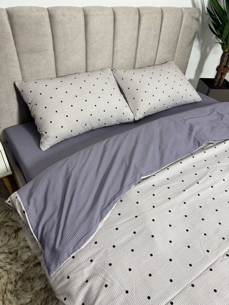 Постільна білизна з бавовни муслін жатка з простирадлом на резинці Colorful home сіро-синя/сіро-бежева горошок Двоспальний розмір Сіро-синій/Сіро-бежевий горошок фото
