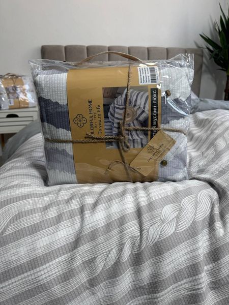 Постільна білизна з бавовни муслін жатка з простирадлом на резинці Colorful home сіро-бежева/синя Двоспальний розмір Сіро-бежевий/Синій смужки  фото