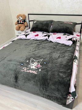 Дитяча постільна білизна велюрова "Куромі/Kuromi" чорна/бузкова Півтораспальний розмір Куромі велюр чорний  фото