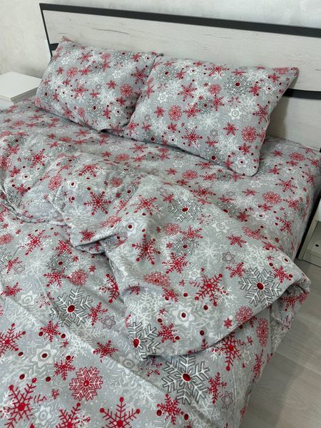 Постельное бельё из хлопка Байка турецкая новогодняя/рождественская серое снежинки красные Полутораспальный размер Сніжинки червоні/сірий фото