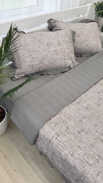 Постельное бельё из хлопка муслин жатка с летним одеялом с рюшками Colorful Home серое Евро размер Сіра/Сіро-бежева  фото