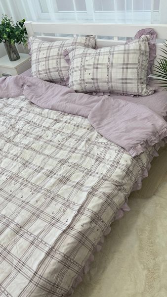 Постельное бельё из хлопка муслин жатка с летним одеялом с рюшками Colorful Home белое/серо-сиреневое принт клеточка Евро размер Білий/Сіро-Бузковий клітинка фото