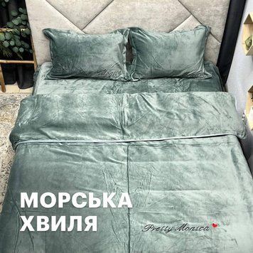 Постільна білизна велюрова з простирадлом на резинці зелена/морська хвиля Моніка/Moniсa Євро розмір Зелений/Морська хвиля Моніка резинка євро фото
