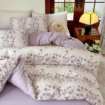Постельное бельё из хлопка муслин жатка Colorful home розовое/сиреневое принт цветочный Полутораспальный размер Рожево-бузковий з квітами  фото