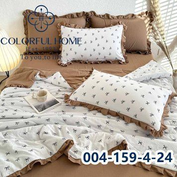 Постельное бельё из хлопка муслин жатка с летним одеялом с рюшками Colorful Home светло-коричневое/белое бантики Полутораспальный размер BANTUKU_LUX фото