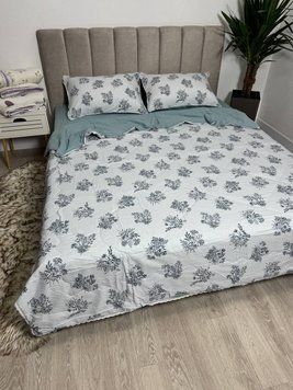 Постельное бельё из хлопка муслин жатка с летним одеялом и простынь на резинке Koloco серо-мятное/белое принт цветы Евро размер Сіро-м'ятний квіти резинка 2М фото
