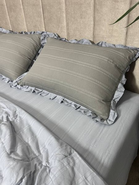Постельное бельё из хлопка муслин жатка с летним одеялом с рюшками Colorful Home серо-голубое/серое Евро размер Сіро-блакитний/Сірий 7М фото